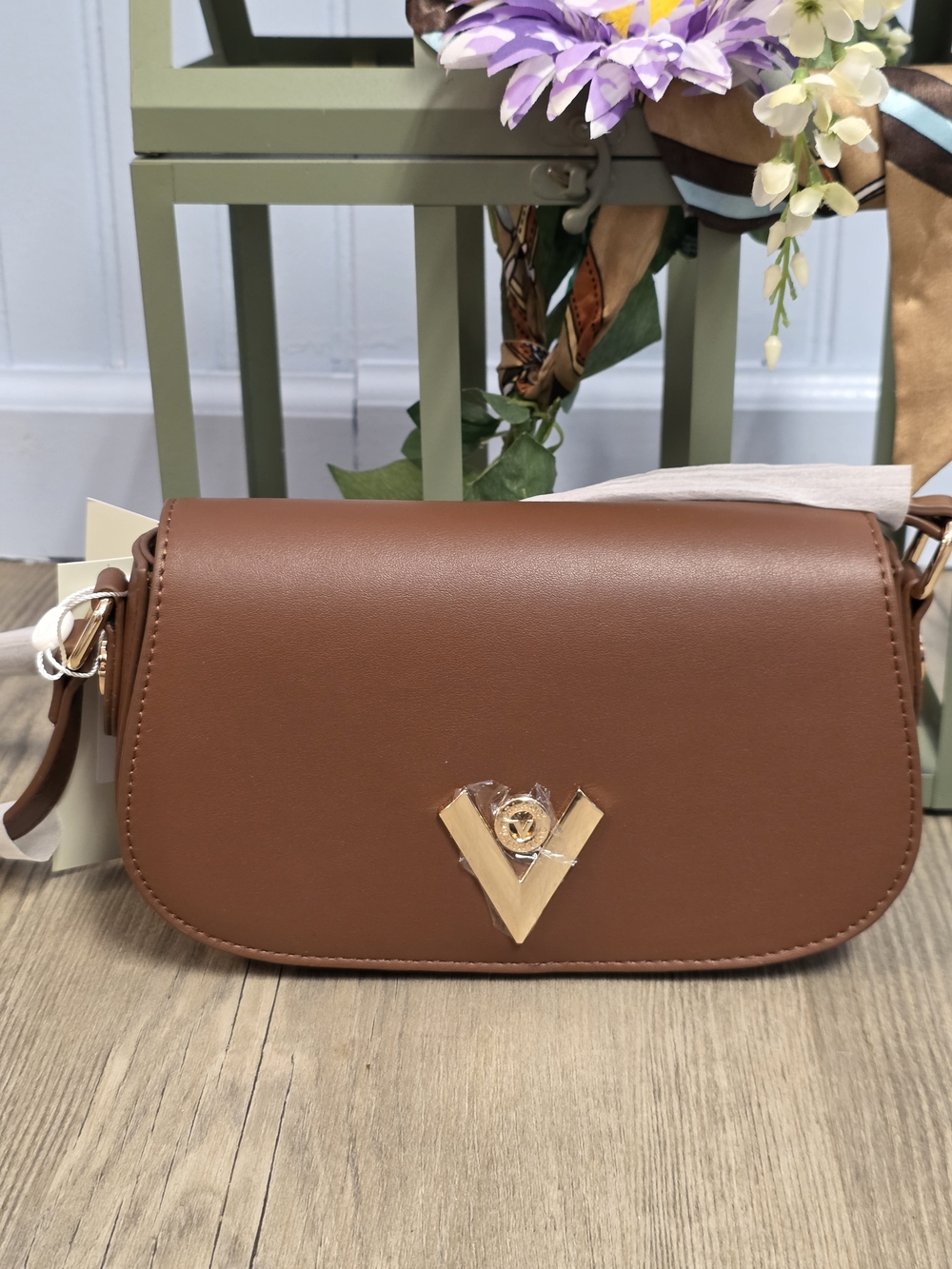Valentino Orlandi Brown Shoulder Bag with Gold V Accent